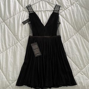 Pleated Black Bebe Mini Cocktail Dress w/ Satin & Sheer Details, Cutouts